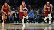 Nov 24, 2025; Miami, Florida, USA; Miami Heat guard Tyler Herro (14) brings the ball up the court against the Dallas Mavericks in the first half at Kaseya Center. Mandatory Credit: Jim Rassol-Imagn Images