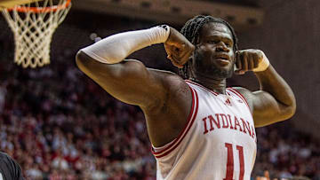 Indiana's Oumar Ballo (11) flexes during the Indiana versus University of Southern California men's basketball game at Simon Skjodt Assembly Hall on Wednesday, Jan. 8, 2025.