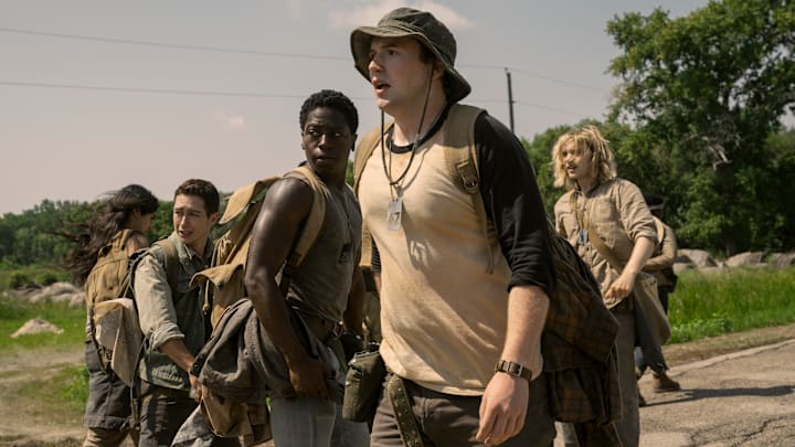 Joshua Odjick as Parker, Jordan Gonzalez as Harkness, David Jonsson as McVries, Cooper Hoffman as Garraty, and Charlie Plummer as Barkovitch in The Long Walk