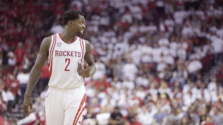 May 5, 2017; Houston, TX, USA; Houston Rockets guard Patrick Beverley (2) argues a call while playing against the San Antonio Spurs in second half in game three of the second round of the 2017 NBA Playoffs at Toyota Center. San Antonio won 103-92. Mandatory Credit: Thomas B. Shea-USA TODAY Sports