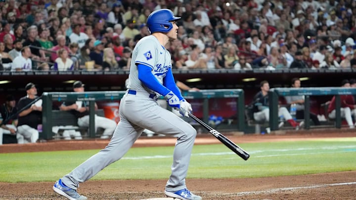 Los Angeles Dodgers Freddie Freeman (5) hits a two-run home run off Arizona Diamondbacks pitcher Slade Cecconi (43) in the eighth inning at Chase Field on Sept. 2, 2024, in Phoenix.