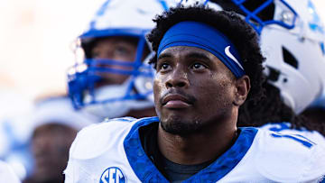 Nov 23, 2024; Austin, Texas, USA; Kentucky Wildcats defensive back Zion Childress (11) looks on during the review of a Texas Longhorns touchdown in the second quarter at Darrell K Royal Texas Memorial Stadium. Mandatory Credit: Sara Diggins/USA TODAY Network via Imagn Images