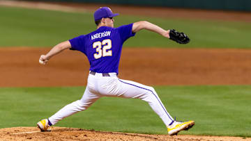 Tigers starting pitcher Kade Anderson 32 on the mound as LSU Tigers take on Alabama Baseball in Baton Rouge, LA. Thursday, April 17, 2025.