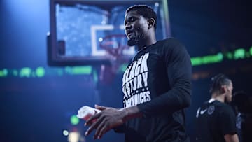 Portland Trail Blazers center Deandre Ayton walks out to the court during introductions before a game against the Sacramento Kings at Moda Center. 
