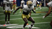 Benjamin Morrison CB of the Fighting Irish at practice at the Fighting Irish Athletic Center at Notre Dame on Thursday July 27, 2023.