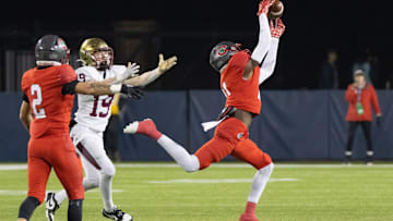 Toledo Central Catholic   s Victor Singleton Jr. intercepts a pass intended Bishop Watterson   s Cal Mangini ending the Eagles' final drive during the Division III state final Friday, Dec. 1, 2023, in Canton.