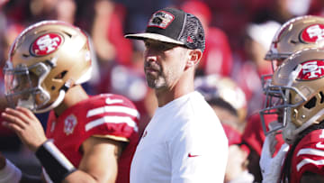 Nov 28, 2021; Santa Clara, California, USA;  San Francisco 49ers head coach Kyle Shanahan on the field during warm ups before the game against the Minnesota Vikings at Levi's Stadium. Mandatory Credit: Kelley L Cox-Imagn Images