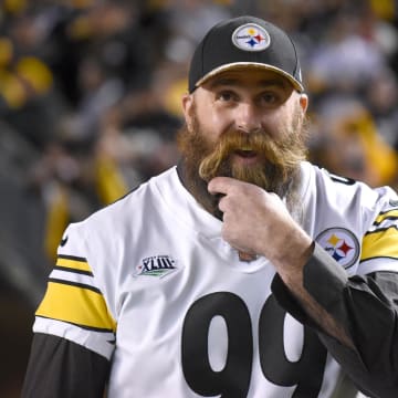 Dec 2, 2018; Pittsburgh, PA, USA;  Pittsburgh Steelers former defensive end Brett Keisel (99) during a recognition of the Super Bow XLIII team during halftime of the Steelers and Los Angeles Chargers game at Heinz Field. Mandatory Credit: Philip G. Pavely-USA TODAY Sports