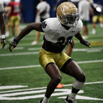 Benjamin Morrison CB of the Fighting Irish at practice at the Fighting Irish Athletic Center at Notre Dame on Thursday July 27, 2023.