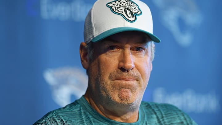 Jacksonville Jaguars head coach Doug Pederson addresses the media ahead of the start of the fifth day of the NFL football training camp practice session Monday, July 29, 2024 at EverBank Stadium's Miller Electric Center in Jacksonville, Fla.