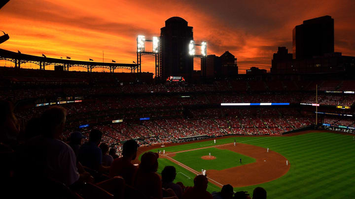 Aug 20, 2019; St. Louis, MO, USA; A general view of Busch Stadium as the sun sets during the fourth inning of a game between the St. Louis Cardinals and the Milwaukee Brewers. Mandatory Credit: Jeff Curry-USA TODAY Sports