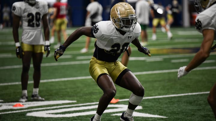 Benjamin Morrison CB of the Fighting Irish at practice at the Fighting Irish Athletic Center at Notre Dame on Thursday July 27, 2023.