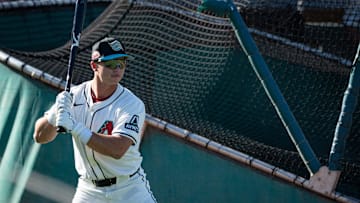 Second baseman, Tommy Troy warms up for batting practice during the Arizona Fall League media day at Scottsdale Stadium on Oct. 4, 2024, in Scottsdale, Arizona.