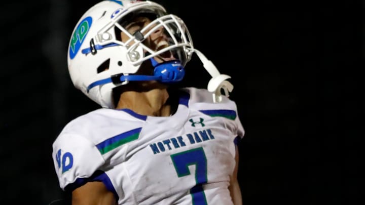 Green Bay Notre Dame Academy’s Kingston Allen (7) celebrates a touchdown against Kaukauna High School during their football game on Thursday, August 21, 2025 in Kaukauna, Wisconsin. Notre Dame defeated Kaukauna 27-20.
Wm. Glasheen USA TODAY NETWORK-Wisconsin