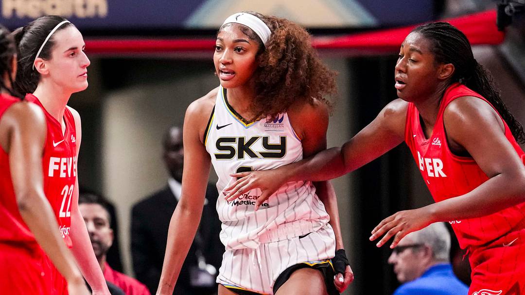 Chicago Sky forward Angel Reese reacts to a flagrant foul from Indiana Fever guard Caitlin Clark, left, on Saturday, May 17, 2025, at Gainbridge Fieldhouse in Indianapolis. Chicago Sky forward Angel Reese reacts to a flagrant foul from Indiana Fever guard Caitlin Clark, left, on Saturday, May 17, 2025, at Gainbridge Fieldhouse in Indianapolis.