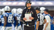 Indianapolis Colts head coach Shane Steichen walks the sideline during the game Sunday, Oct. 12, 2025, against the Arizona Cardinals at Lucas Oil Stadium in Indianapolis.