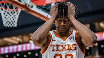 Texas Longhorns guard Tre Johnson (20) reacts to a missed shot in the first half as the Longhorns take on the Arkansas Razorbacks at the Moody Center, Feb. 5, 2025. Arkansas won the game 78-70.