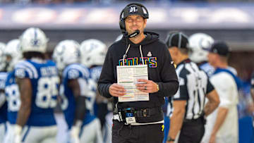 Indianapolis Colts head coach Shane Steichen walks the sideline during the game Sunday, Oct. 12, 2025, against the Arizona Cardinals at Lucas Oil Stadium in Indianapolis.