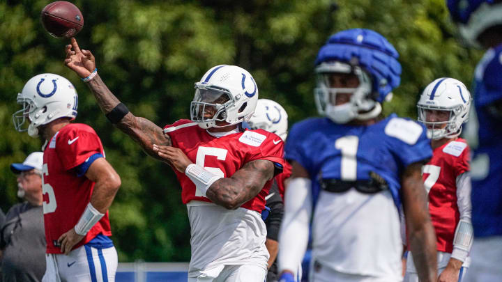 Indianapolis Colts quarterback Anthony Richardson (5) throws a pass during Colts Camp at Grand Park on Sunday, August. 4, 2024, in Westfield Ind.