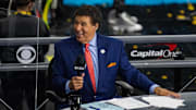 CBS announcer Greg Gumbel prior to the national championship game in the Final Four of the 2021 NCAA Tournament between the Gonzaga Bulldogs and the Baylor Bears at Lucas Oil Stadium. 