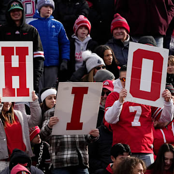 Fans spell out O-H-I-O during the Ohio State Buckeyes College Football Playoff National Championship celebration at Ohio Stadium in Columbus on Jan. 26, 2025.
