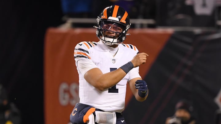 Dec 20, 2021; Chicago, Illinois, USA; Chicago Bears quarterback Justin Fields (1) reacts in the