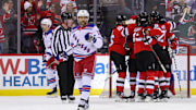 Dec 23, 2024; Newark, New Jersey, USA; New Jersey Devils center Dawson Mercer (91) celebrates his goal against the New York Rangers during the third period at Prudential Center. Mandatory Credit: Ed Mulholland-Imagn Images