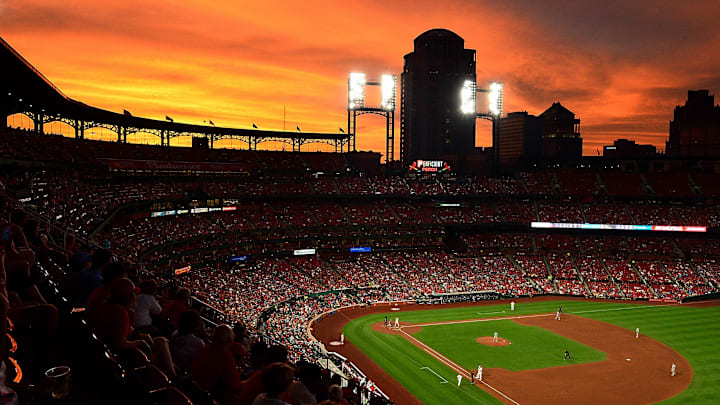 Aug 20, 2019; St. Louis, MO, USA; A general view of Busch Stadium as the sun sets during the fourth inning of a game between the St. Louis Cardinals and the Milwaukee Brewers. Mandatory Credit: Jeff Curry-Imagn Images