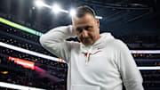 Texas coach Steve Sarkisian reacts as he heads to the locker room after his team's loss to Ohio State in the 2025 Cotton Bowl at A&T Stadium in Dallas.