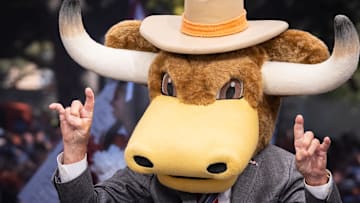 Oct 19, 2024; Austin, Texas, USA; Lee Corso wears the head of Texas Longhorns' mascot Hook'Em after picking Texas to win during ESPN's College Game Day, ahead of the Longhorns' game against the Georgia Bulldogs.