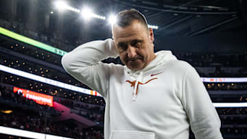 Texas Longhorns head coach Steve Sarkisian reacts as he heads to the locker room after the Longhorns' 28-14 loss to the Ohio State Buckeyes in the Cotton Bowl College Football Playoff semi-final at AT&T Stadium in Dallas, Texas, Jan. 10, 2025.