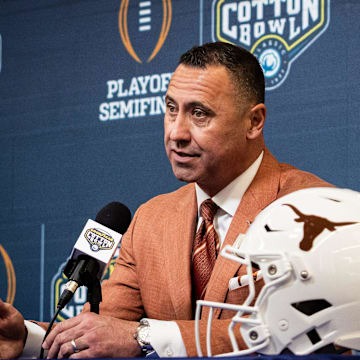 Steve Sarkisian answers questions ahead of the Cotton Bowl. 