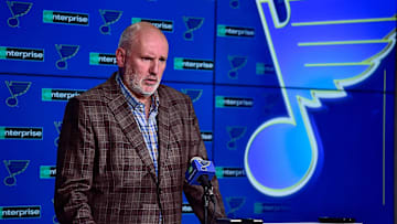 Feb 18, 2020; St. Louis, Missouri, USA;  St. Louis Blues general manager Doug Armstrong talks with the media about the acquisition of defenseman Marco Scandella from the Montreal Canadians prior to a game against the New Jersey Devils at Enterprise Center. Mandatory Credit: Jeff Curry-Imagn Images
