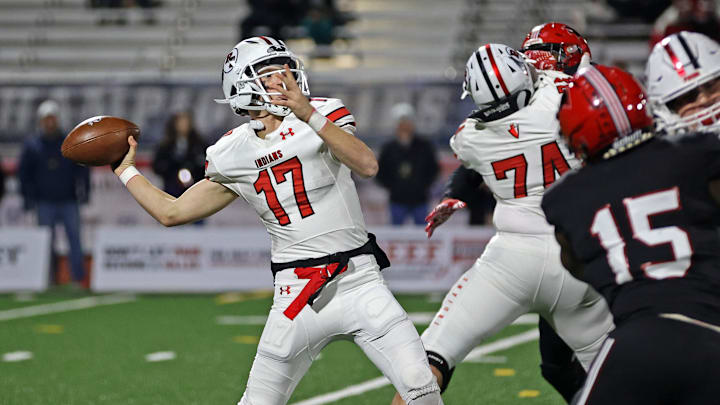 Peters Township quarterback Nolan DiLuca fires a pass against Imhotep Charter in the 2023 PIAA Class 5A state championship game. 