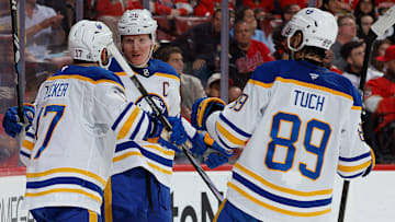 Alex Tuch (89( and Jason Zucker (17) celebrating a goal with Rasmus Dahlin (26) against the Florida Panthers. 