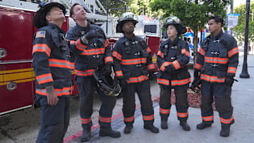 9-1-1 LONE STAR: L-R: Rob Lowe, Jim Parrack, Brian Michael Smith, Natacha Karam, and Julian Works in the "My Way" episode of 9-1-1 LONE STAR airing Monday, Oct 14 (8:00-9:02 PM ET/PT) on FOX. © 2024 Fox Media LLC.CR: Kevin Estrada/FOX.