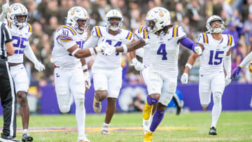 Linebacker Greg Penn III 30 celebrates after an interception as the LSU Tigers take on Texas A&M in Tiger Stadium in Baton Rouge, Louisiana, November 25, 2023.