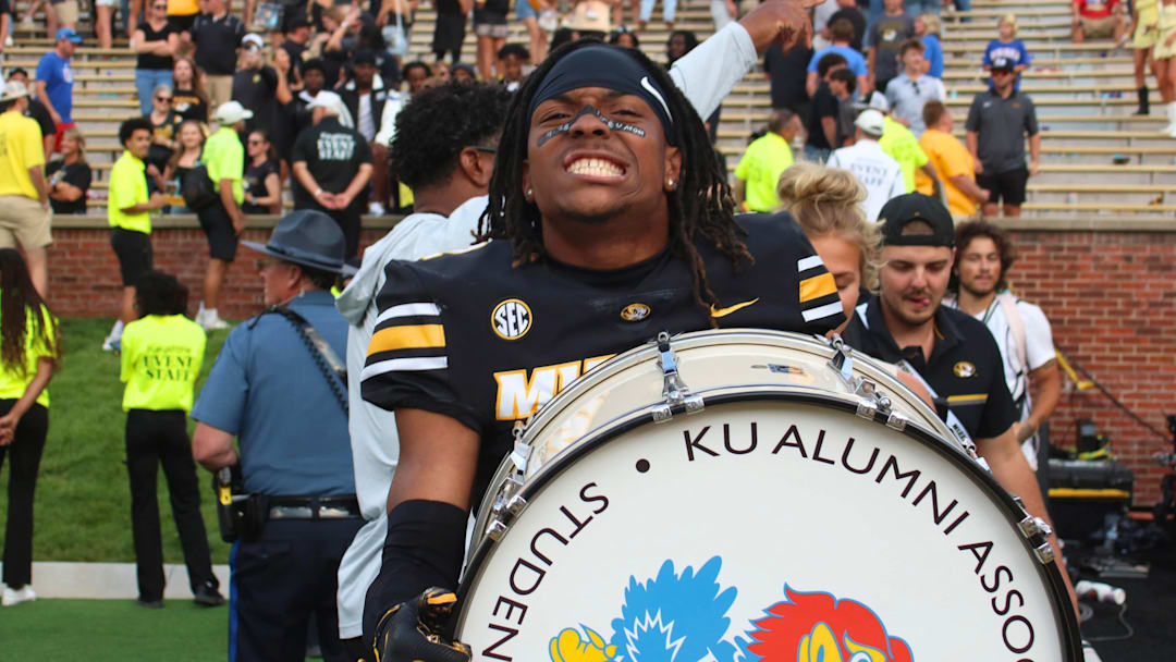 Sep 6, 2025; Columbia, Missouri, USA; Missouri Tigers receiver Marquis Johnson poses for a photo after the Tigers' 42-31 victory over the Kansas Jayhawks in the Border War at Faurot Field and Memorial Stadium.