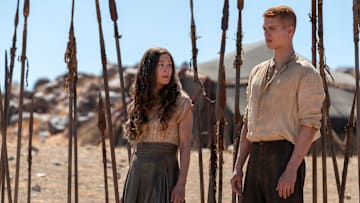 Rosamund Pike (Moiraine Damodred), Josha Stradowski (Rand al’Thor) in The Wheel of Time season 3. Image: Prime Video.