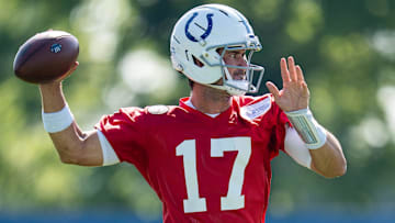 Indianapolis Colts quarterback Daniel Jones (17) drops back to pass Wednesday, July 23, 2025, during the first day of training camp held at Grand Park in Westfield.