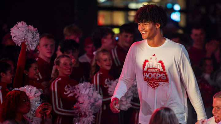 Indiana's Josh Harris is introduced during the Hoosier Hoops on Kirkwood event on Kirkwood Avenue just outside the Sample Gates on Thursday, Oct. 2, 2025.