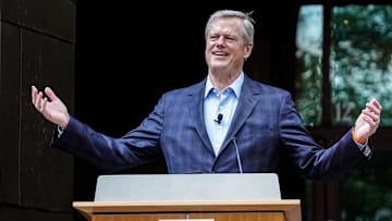 President of the NCAA, Charlie Baker speaks during a press conference 