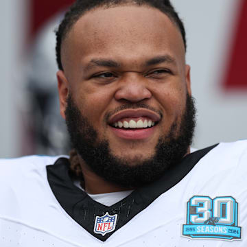 Dec 29, 2024; Tampa, Florida, USA; Carolina Panthers guard Robert Hunt (50) looks on before a game against the Tampa Bay Buccaneers at Raymond James Stadium. 