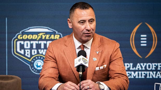 Texas Longhorns Head Coach Steve Sarkisian speaks during the Coaches' Press Conference at AT&T Stadium, Jan. 9, 2024. Bot