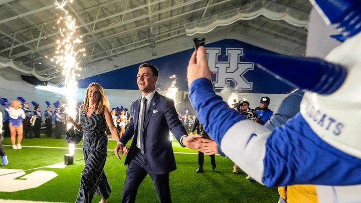 New Kentucky Wildcat head coach Will Stein arrives with wife, Darby has he is introduced at Kentucky on Wednesday, December 3, 2025