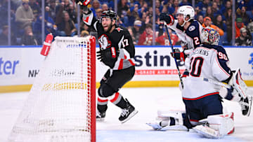 Jason Zucker (17) celebrating his goal in a game against the Columbus Blue Jackets. 