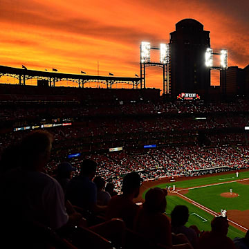 Aug 20, 2019; St. Louis, MO, USA; A general view of Busch Stadium as the sun sets during the fourth inning of a game between the St. Louis Cardinals and the Milwaukee Brewers. Mandatory Credit: Jeff Curry-Imagn Images