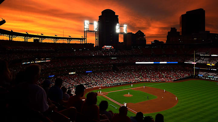 Aug 20, 2019; St. Louis, MO, USA; A general view of Busch Stadium as the sun sets during the fourth inning of a game between the St. Louis Cardinals and the Milwaukee Brewers. Mandatory Credit: Jeff Curry-Imagn Images