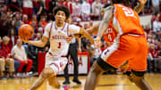 Indiana's Myles Rice (1) drives the lane during the Indiana versus Illinois men's basketball game at Simon Skjodt Assembly Hall on Tuesday, Jan. 14, 2025.