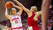 Indiana's Karoline Striplin (11) shoots over Nebraska's Alexis Markowski (40) during the Indiana versus Nebraska women's basketball game at Simon Skjodt Assembly Hall on Sunday, Feb. 2, 2025.